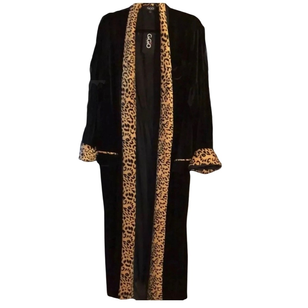 Black Velvet Duster Cardigan Leopard Trim‎ Smocked Elastic Waist Open Front Sz M